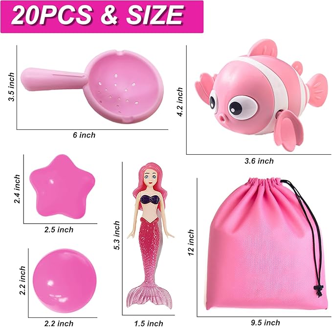 Baby Bath Toys for Kids - 20 PCS Little Mermaid Dolls, Wind Up Swimming Fish, Balls, Scoop and Storage Bag. Mold-Free Toddler Water Toys for Bathtub and Pool Diving, Gift for Girls Ages 1-3, 4-8