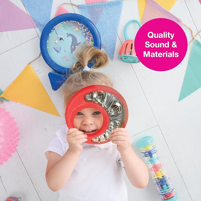 Edushape Classic Tambourine for Kids, Red - Percussion Musical Instrument Baby Tambourine for Toddlers 1-3, Kids Tambourine Fun Tummy Time, Fine Motor, Auditory and Visual Sensory Development