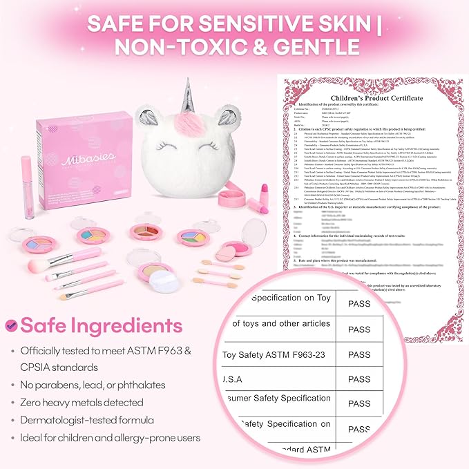 Kids Real Makeup Kit for Girls 3-10 Years Old : Washable Non Toxic Make Up Toys Sets for Toddler - 17Pcs Vanity Set with Unicorn Purse for Little Girl Ages 3 4 5 6 7 8 Birthday Gifts -White
