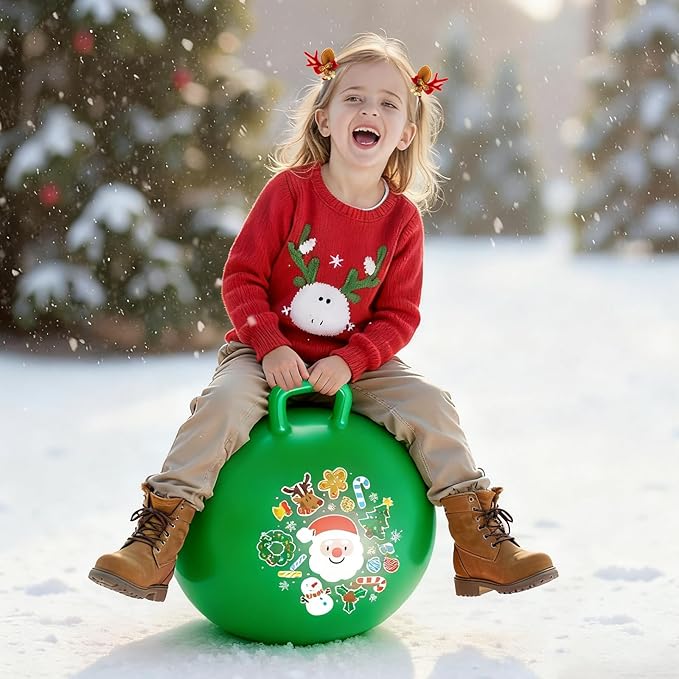 ZOOJOY Hopper Ball for Kids 3-8, 18 in Green Hippity Hop Balls, Bouncy Ball with Handle for Boys & Girls Indoor Outdoor Play, Inflatable Christmas Balls Bounce Hopping Toys with Pump