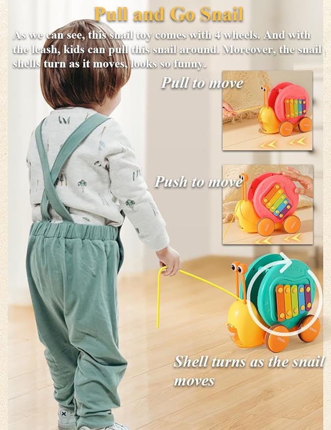 Multifunctional Pull and Go Snail Toy, Fun Xylophone Toy for Babies, Snail Spinning Gears Toy, Detachable Snail Toy with Functiona of Ejecting Little Snail for Toddlers (Cyan)