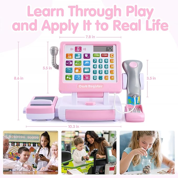 PLAY Kids Cash Register Toy - Pretend Play Calculator Register Toys with Microphone/Conveyors/Play Money/Scanner/Credit Card/Cans/Drink, 3+ Toddler Develops Early Math Skills Learning Toys
