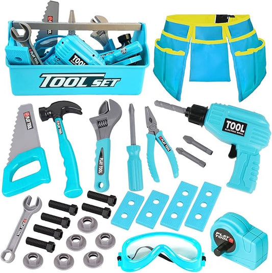 LOYO Kids Toys Tool Set - Pretend Play Construction Toy with Tool Box Kids Tool Belt Electronic Toy Drill Construction Accessories Gift for Toddlers Boys Ages 3 , 4, 5, 6, 7 Years Old (Blue)