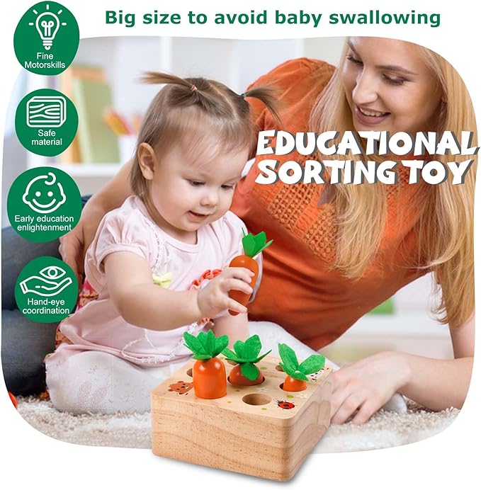 Montessori Toys for 1 Year Old, Montessori Baby Carrots Toy for 6-18 Months, Educational Wooden Carrot Harvest Game for Shape Sorting & Easter Toys, Birthday Easter Gifts for Babies Boys Girls