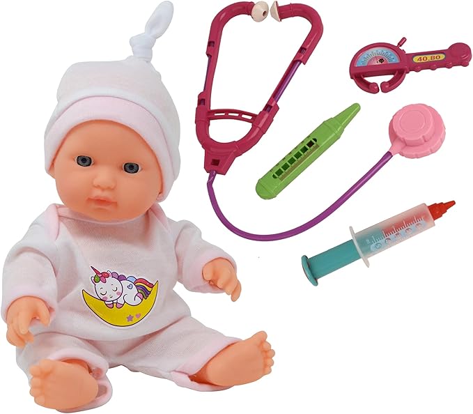 10" Baby Doll Doctor Set for Kids- Toy Nurse Kit for Toddler, Little Girl – Playset Pack with Checkup Accessories & Newborn Doll in Unicorn Hospital Clothes – Cute, Fun Healthcare Dolly for Children
