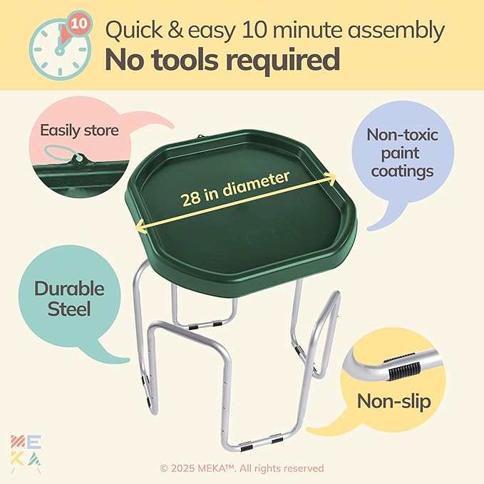 MEKA Small 28"x28" Tuff Tray Set Dark Green, Activity Sensory Tray Plus Stand Children, Outdoor Play Sand and Water Table for Toddlers and Kids, Toy Boys Girls