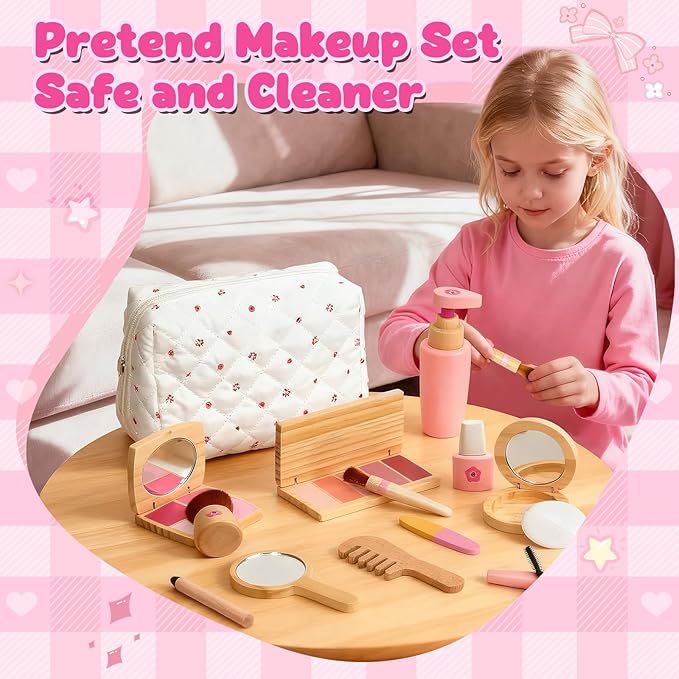 Wooden Makeup Toy Set for Toddler [2026] Play Makeup Kit for Girls 3-5 with Pretend Wood Lipstick/ Mirror/ Brushes/ Cosmetic Set Beauty Girl Birthday Gift Age 3 4 5 6