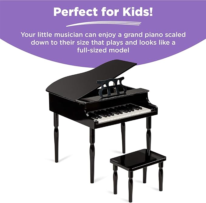 Best Choice Products Kids Classic Wooden 30-Key Mini Grand Piano Musical Instrument Toy w/ Piano Lid, Bench, Foldable Music Rack, Song Book, Note Stickers, Enamel Finish - Black