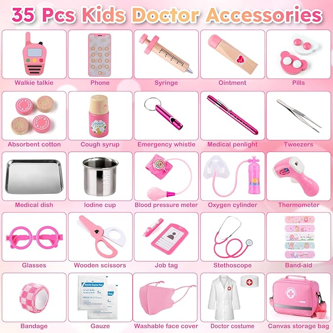 Sundaymot Doctor Kit for Girls, 34 Pcs Doctor kit for Toddlers 3-5 with Medical Storage Bag & Real Stethoscope Pretend Play Doctor Set, Doctor Play Gift for Kids Toddlers Role Play
