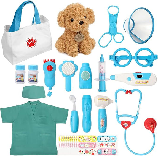 Liberry Doctor Kit for Toddlers 3 4 5 6 Years Old, 28 Pcs Kids Doctor Playset with Dog Toy, Stethoscope and Dress Up Costume, Pretend Play Medical for Boys Girls (Blue)