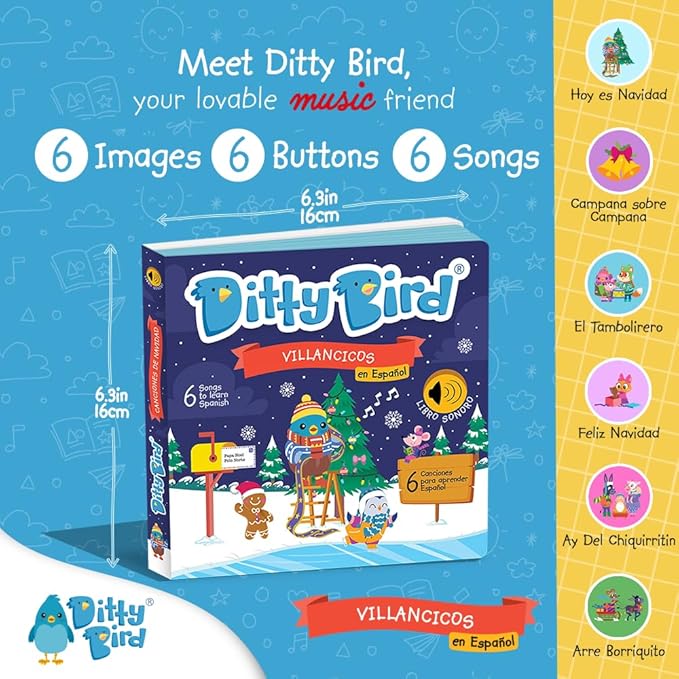 Ditty Bird Spanish Christmas Musical Book for Toddlers – Interactive Bilingual Sound Book with Jingle Bells & Holiday Songs for Babies 1-3 | Sturdy Baby Book & Xmas Music Toy