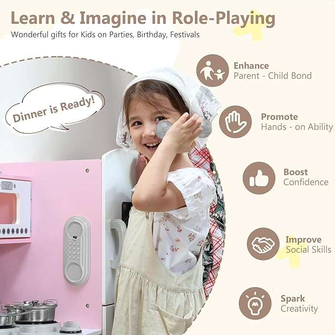 Kinder King Wooden Kids Play Kitchen, Toy Kitchen Playset for Toddler, Pretend Oven, Microwave, Telephone, Chalkboard, Interactive Doors, Knobs, Realistic Kitchen Sets for Boys Girls Age 3+, Pink