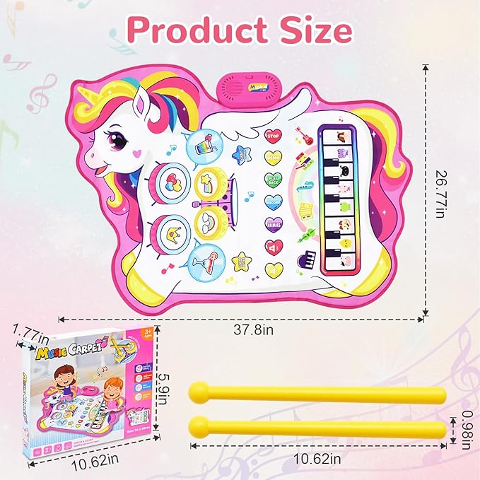 Cyiecw 3-in-1 Unicorn Musical Mat, Piano Drum Play Mat Unicorn Gifts for 1 2 3 Year Old Girls, Sensory Early Educational Musical Learning Toys for Baby Boys, Birthday Gift for Toddlers 1-5 Years Old