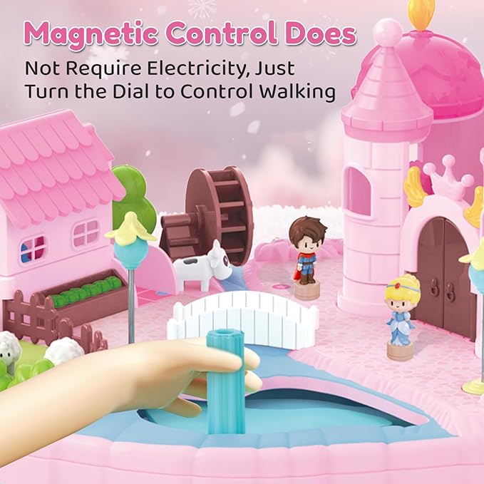 Dream Princess Play Set ,12.2*8.6*8.8 inches with 4 Magnetic Control Movable Toys, Magnetic Doll House Building Toys with Light Music, Toy Gift for Girls Kids Ages 6+（Pink）