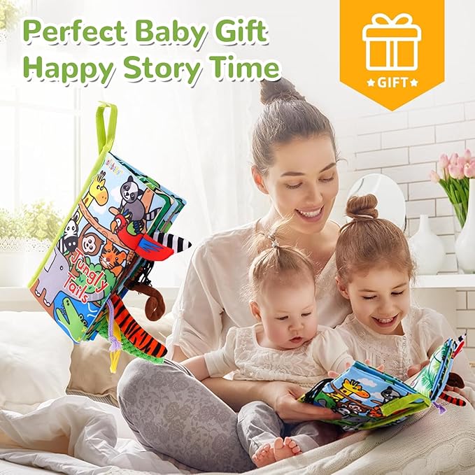 HECCEI Baby Cloth Books Soft Baby Book 0-6 Months Crinkle Books with Tail Touch and Feel Sensory Toys for Infant Tummy Time for 3 Months+, Jungle Tails