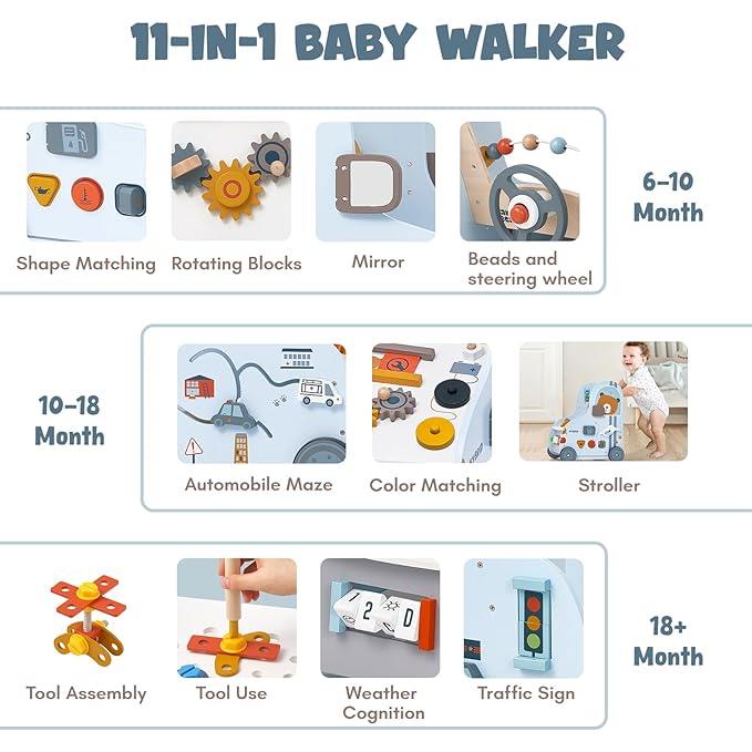 Giant bean Wooden Baby Push Walker with Activity Cube – Car Traffic Theme Tool Bench Shape Sorter, Steering Wheel Gears, Montessori Christmas Toy for Toddler 1-3, Walking Toy Speed Adjustable