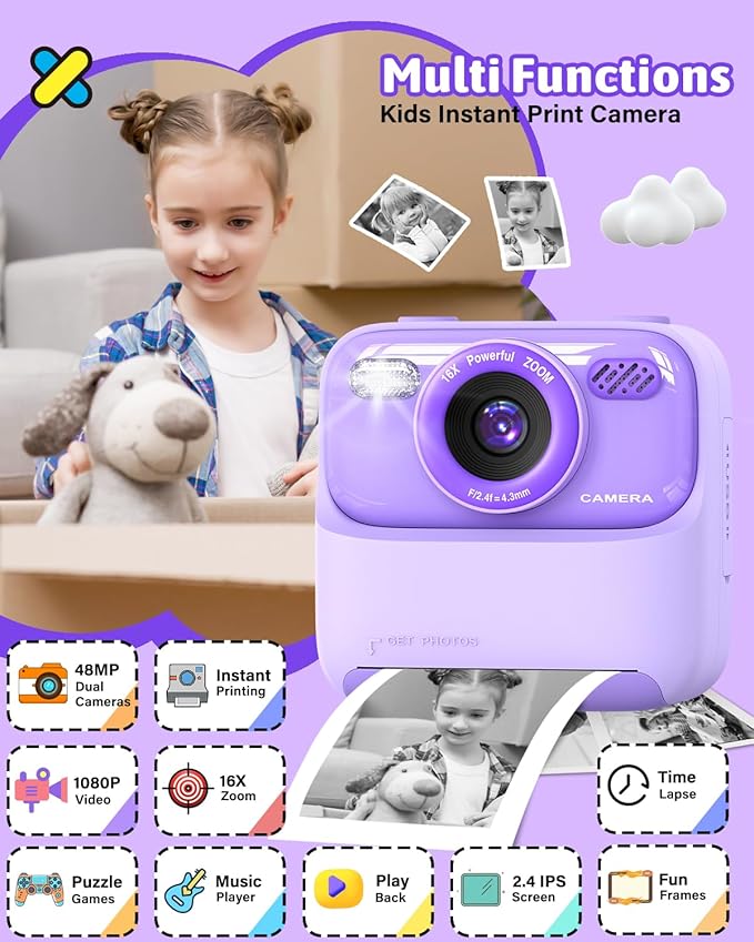 Mgaolo Kids Camera Instant Print Photo,Children Digital Camera Toys Gift with HD Video for Girls Boys 3-12 Age,Chritmas Birthday Festival Present for 3 4 5 6 7 8 9 Year Old Child (Purple)