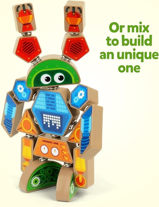 Coogam Snap Together Robot Builders for Toddlers, Wooden Take Apart Robot Build Block Playset, Fine Motor Skill STEM Educational Montessori Toy Gift for 3 4 5 Years Old Kids