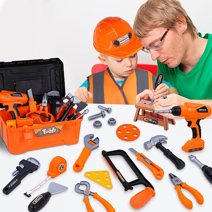 Kids Tool Set,MAGIC4U 50PCS Toddler Tool Set with Electronic Toy Drill,Tape Measure 12 Tool Equipements,Pretend Play Construction Coustume with Safety Vest Hat,Toy Tool Box for Kids Boy Girl Age 3-8