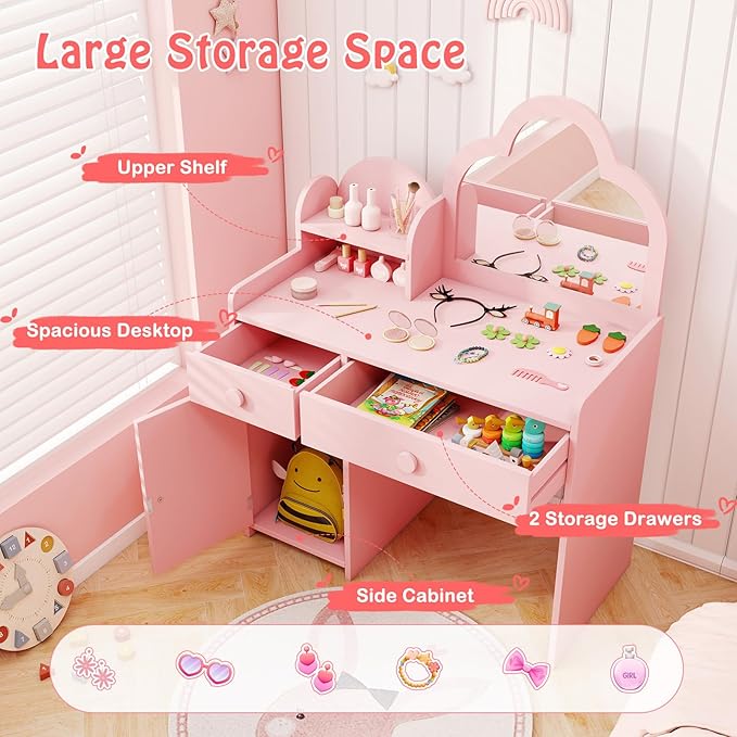 HONEY JOY Kids Vanity, Cloud Shape Wooden Girls Vanity Set with Mirror and Stool, Drawers, Storage Cabinet, Toddler Makeup Desk Dressing Table, Pretend Play Kids Vanity Table and Chair Set (Pink)