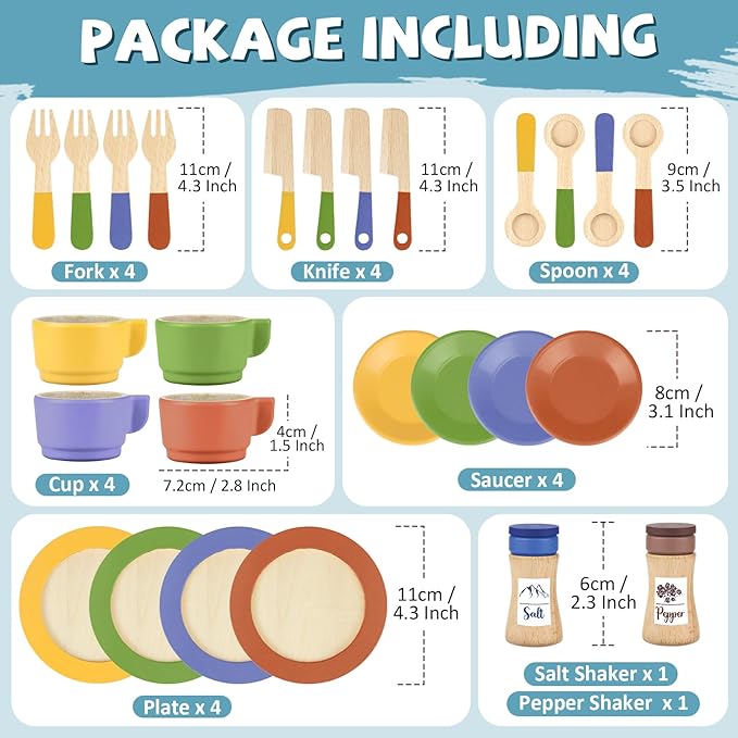 Wooden Play Dishes and Plates for Kids Kitchen Set Accessories for Toddlers 1-3 Cooking Toys Tea Cups for Kids Kitchen Birthday Gift for 3 4 5 Year Old Boys Girls