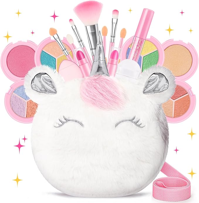 Kids Real Makeup Kit for Girls 3-10 Years Old : Washable Non Toxic Make Up Toys Sets for Toddler - 17Pcs Vanity Set with Unicorn Purse for Little Girl Ages 3 4 5 6 7 8 Birthday Gifts -White