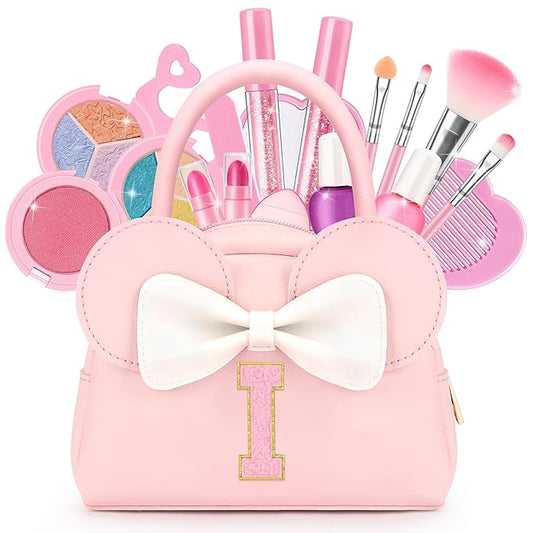 Kids Real Makeup Kit for Girls - 18Pcs Non-Toxic Washable Make Up Toys with Initial Toddler Purse - Personalized Birthday Gifts for Age 3 4 5 6 7 8 9 10 Years Old Girls Vanity Set - I