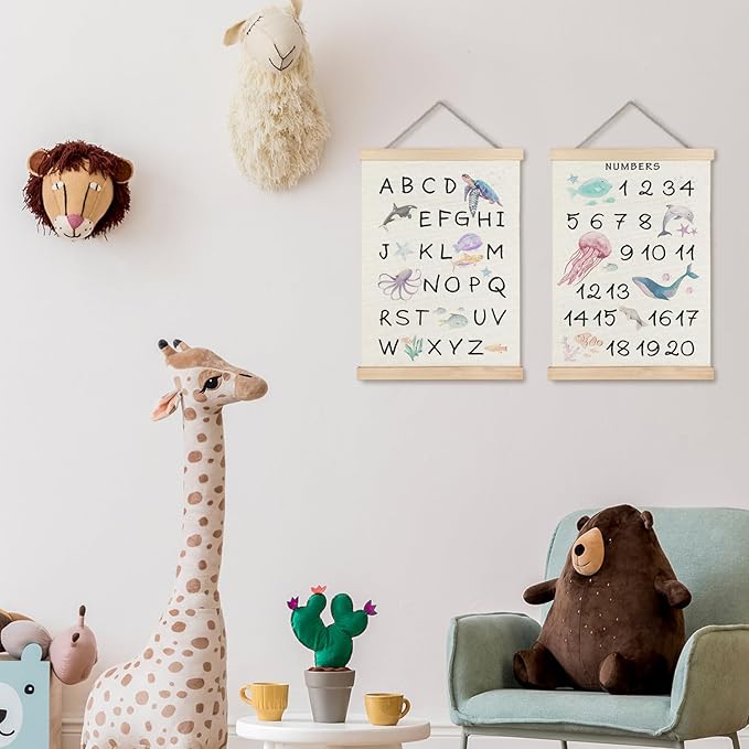 Supwhd Ocean Nursery Decor, Alphabet Numbers Ocean Animals Poster Hanger Frame, Sea Animals ABC 123 Educational Wall Decor for Nursery Kids Room Playroom Classroom Homeschool, 16x24 Set of 2