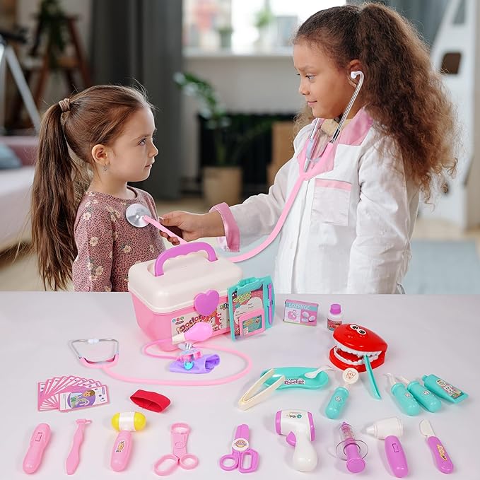 Gifts2U Doctor Kit for Toddlers 3-5, Medical Pretend Play Toys with Gift Case, 42 Piece Dentist Playset Kit for Kids,for Christmas Birthday Gift(Pink)