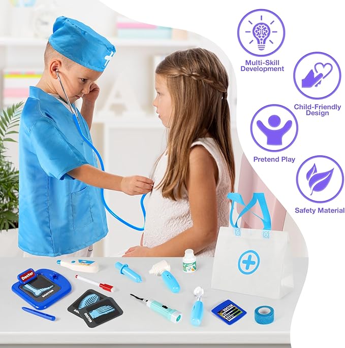 Doctor Kit for Kids, 17 Pcs Medical Play Set with Bag and Dress Up Costume for Toddlers 3-5, Pretend Play Toys for Boys Girls, Halloween Christmas Birthday Gifts