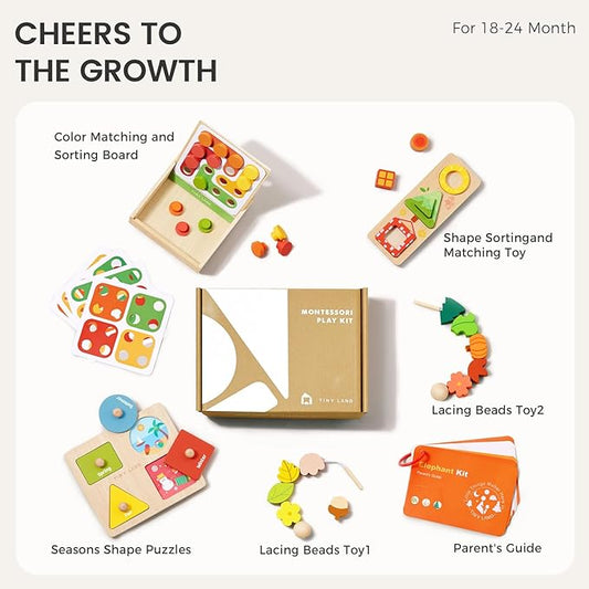 Tiny Land Montessori Toy Set for Babies 18-24 Months Investigator Play Kit- 4-in-1 Wooden Learning Toys with Color Sorting, Lacing Beads, Shape Matching, and Seasons Puzzles
