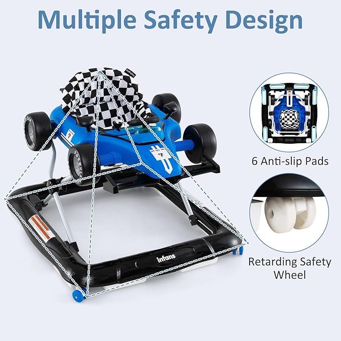 INFANS 4 in 1 Baby Walker, Foldable Toddler Activity Center with Adjustable Height, Padded Seat, Music, Light, Removable Tray, Push Walker for Girls Boys Aged 6-18 Months (Blue)