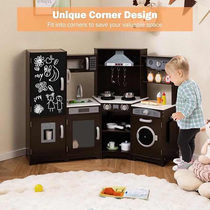GLACER Corner Wooden Play Kitchen for Kids, Large Pretend Play Kitchen Playset with Sound, Light, Chalkboard, Microwave, Ice Maker, Washing Machine, Accessories, Toy Kitchen Set for Ages 3+ (Espresso)