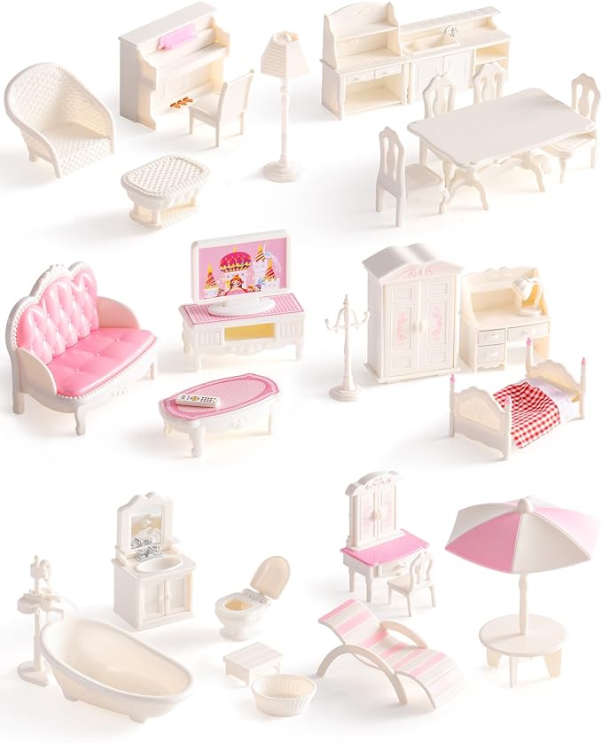 ROBUD Dollhouse Furniture Set, 30pcs Premium Pretend Play Dollhouse Accessories, Doll House Accessories and Furniture for 6 Rooms, for Dollhouse Decoration for Ages 3+