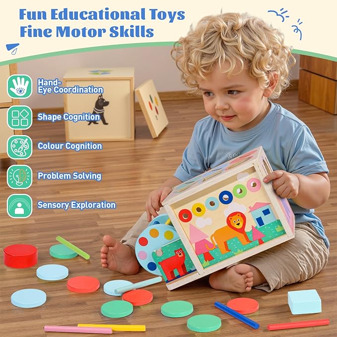 Toddlers Wooden Activity Cube Toys, 5-in-1 Montessori Toys for 3 Year Old Boys Girls, Shape Color Sorting Sensory Toy, Drawer Box Toy, Multipurpose Educational Learning for Baby