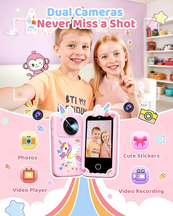 Kids Smart Phone Camera, Christmas Birthday Gifts for Toddler Girls Age 3-10, Kids Toys Unicorn Cell Phone, Preschool Learning Educational Toys with Audio Books, Musics, Games 32G SD Card
