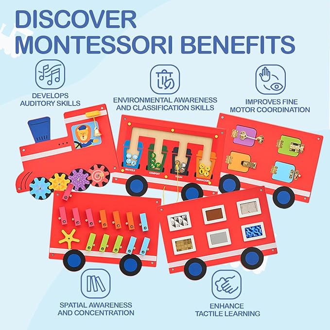 Monläurd® Wooden Train Activity Wall Panel for Kids, Sensory Wall Toy, Activity Cube, Wall Toys for Toddlers 1-3, Playroom Toys, Daycare Furniture, Montessori Busy Board