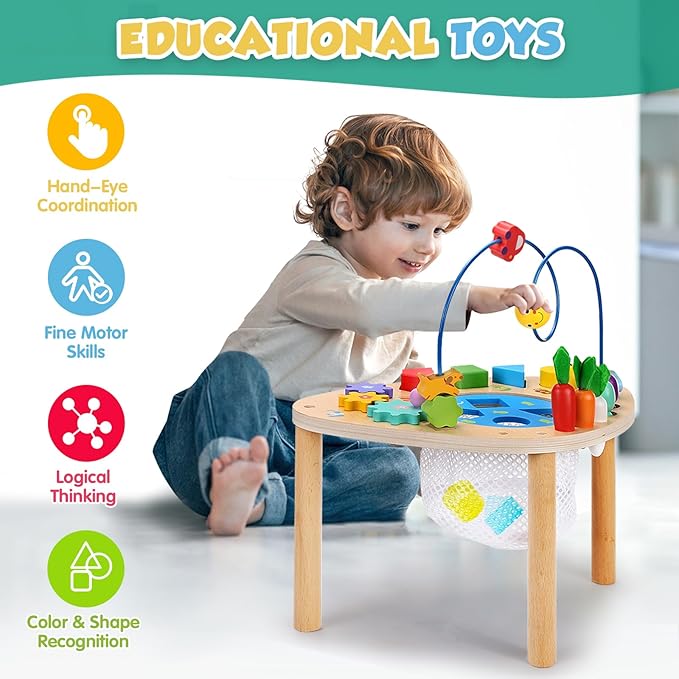 wingyz Activity Table for 1+ Year Old, 6 in 1 Wooden Montessori Activity Center Play Table with Bead Maze Shape Sorter Fishing Game, Kids Sensory Educational Toddler Learning Toys