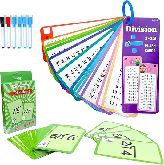 1-12 Math Flash Cards with 6 Dry Erase Pens, 15Pcs Big Division Flash Cards + 36 Pcs Random Double-Sided Division Practice Cards, Educational Math Flashcards for Kids Ages 6+