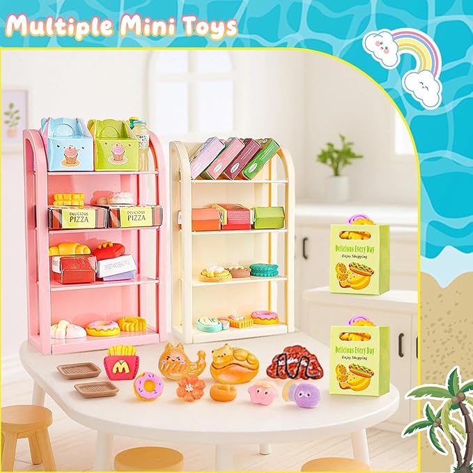 196Pcs Mini Shopping Cart Basket Trolley Grocery Game Model Miniature Drink Bottle Food Pizza with Box Supermarket Metal Handcart Toy Doll House Store Cosplay Pretend Kitchen Shelf Cash Register