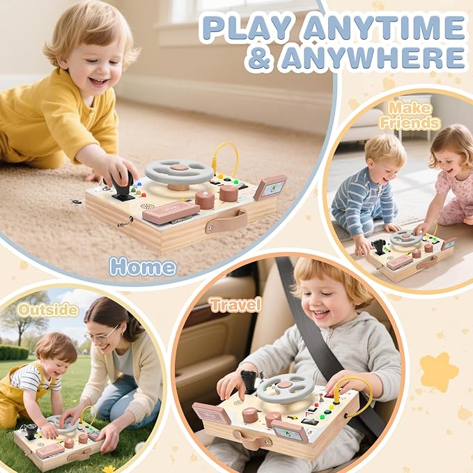 Joyreal Montessori Toddler Busy Board - Montessori Toys for 1 2 3 Years Old, Wooden Sensory Board with LED Lights, Steering Wheel, Music Player, Travel Toys for 1+ Year Old Boy & Girl Birthday Gift