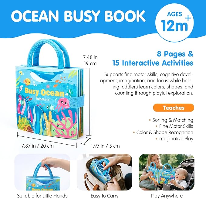 hahaland Ocean Busy Book for Toddlers 1-3, Montessori Toys Sensory Activity Busy Board, Travel Toy for 1 2 3 Year Old Boys Girls, Educational Fine Motor Skills Learning Toy, Toddler Birthday Gift