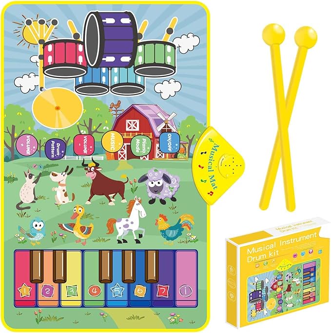 Musical Farm Animals Sounds Piano Mat for Kids, Sensory Educational Learning Toy with Drumset for Toddlers, Interactive Floor Touch Play Mat Dancing Keyboard Carpet for 1-5 Year Old Boy Girl Gifts