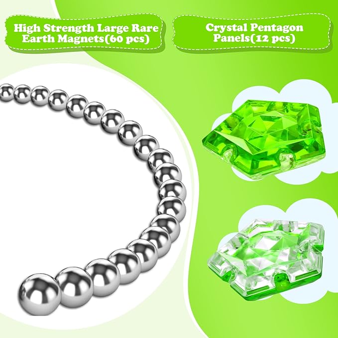 RoomyRoc Magnetic Fidget Sphere - Pentagons Magnets Balls - 12 Piece Set - Crystal Bright Green - Magnet Fidgets Toy - Creativity Beyond Imagination, Inspirational, Recreational, Desk Toys for Adults