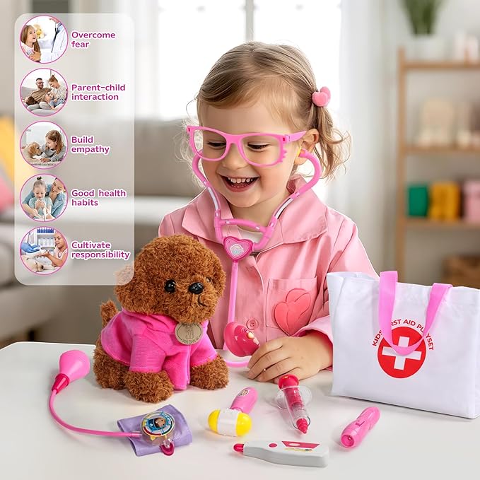 Doctor Kit for Toddlers 3-5 Girl Toys Christmas Birthday Gift for 2 3 4 Year Old Girls Kids Doctors Play Set with Plush Dog, Toy Stethoscope & Carrying Bag for Veterinarian Pretend Play (Pink)