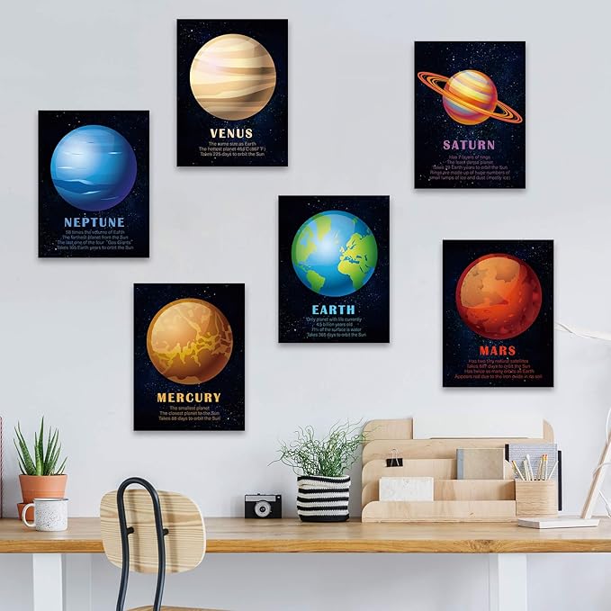 Outus 12 Pieces Solar System Educational Teaching Posters Laminated Kids Space and Planets Posters Print WallChart Art for Toddlers Classroom Bedroom 10.6 x 14.1 Inch