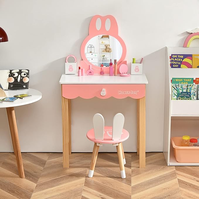HONEY JOY Kids Vanity, Rabbit Themed Wooden Pretend Play Vanity Set, Toddler Makeup Vanity Table & Chair Set, Removable Holders & Drawer, Princess Little Girls Vanity Set with Mirror and Stool(White)