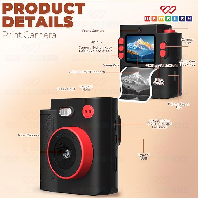 Wembley Kids Instant Print Camera with Dual Lens, 48MP, 1080P HD, 2.4" IPS Screen, 16X Zoom, 32GB SD Card, Thermal Printing, 6 Pens, 4 Rolls, USB Type-C, for Girls & Boys- Black