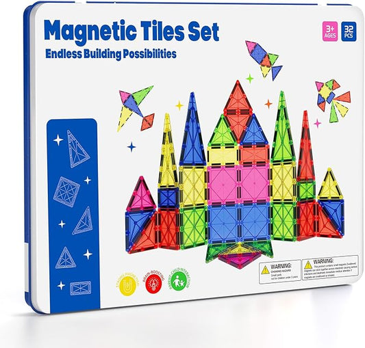 Jumbo Magnetic Tiles with Secure Metal Case, 32 Pcs Large Magnetic Building Blocks for Kids 3-8, STEM Toys for Toddlers, Preschool Learning Montessori Toys, Age 3+ Boy Girl Gift