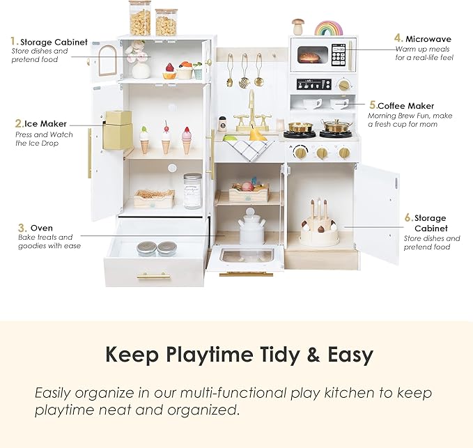 Wooden Play Kitchen Set - Realistic Pretend Play Kitchen with Stove, Sink, Coffee Maker & 11 Fun Accessories | Montessori Toy Kitchen for Toddlers Ages 3+